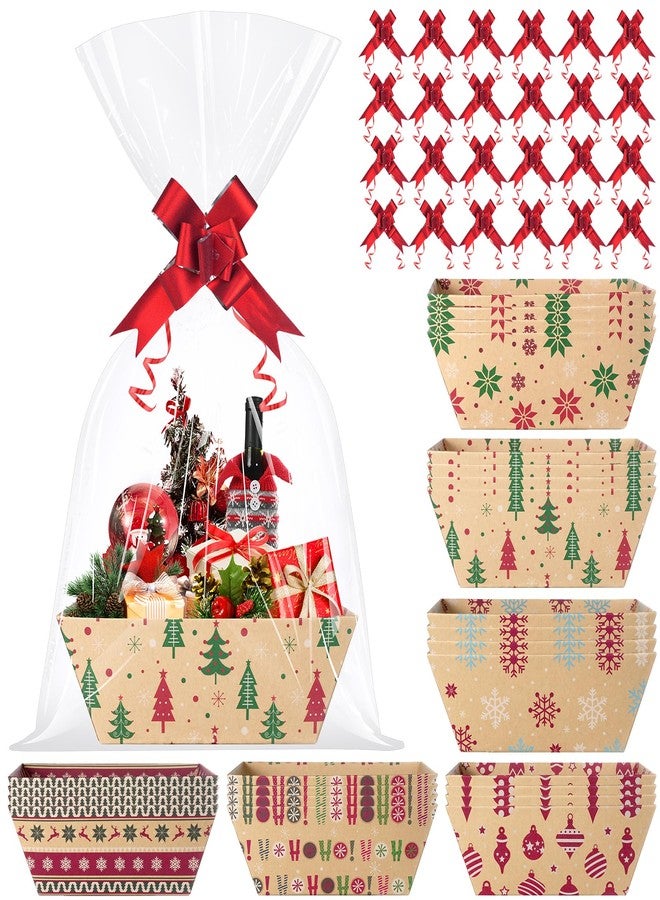 Pascliyna 24 Set Christmas Gift Baskets Empty 10x7 Inch, Kraft Paper Christmas Gifts Baskets with Cellophane Bags and Red Pull Bows, Reusable Gift Wrapping for Xmas Holiday Winter Party Supplies - Image 1